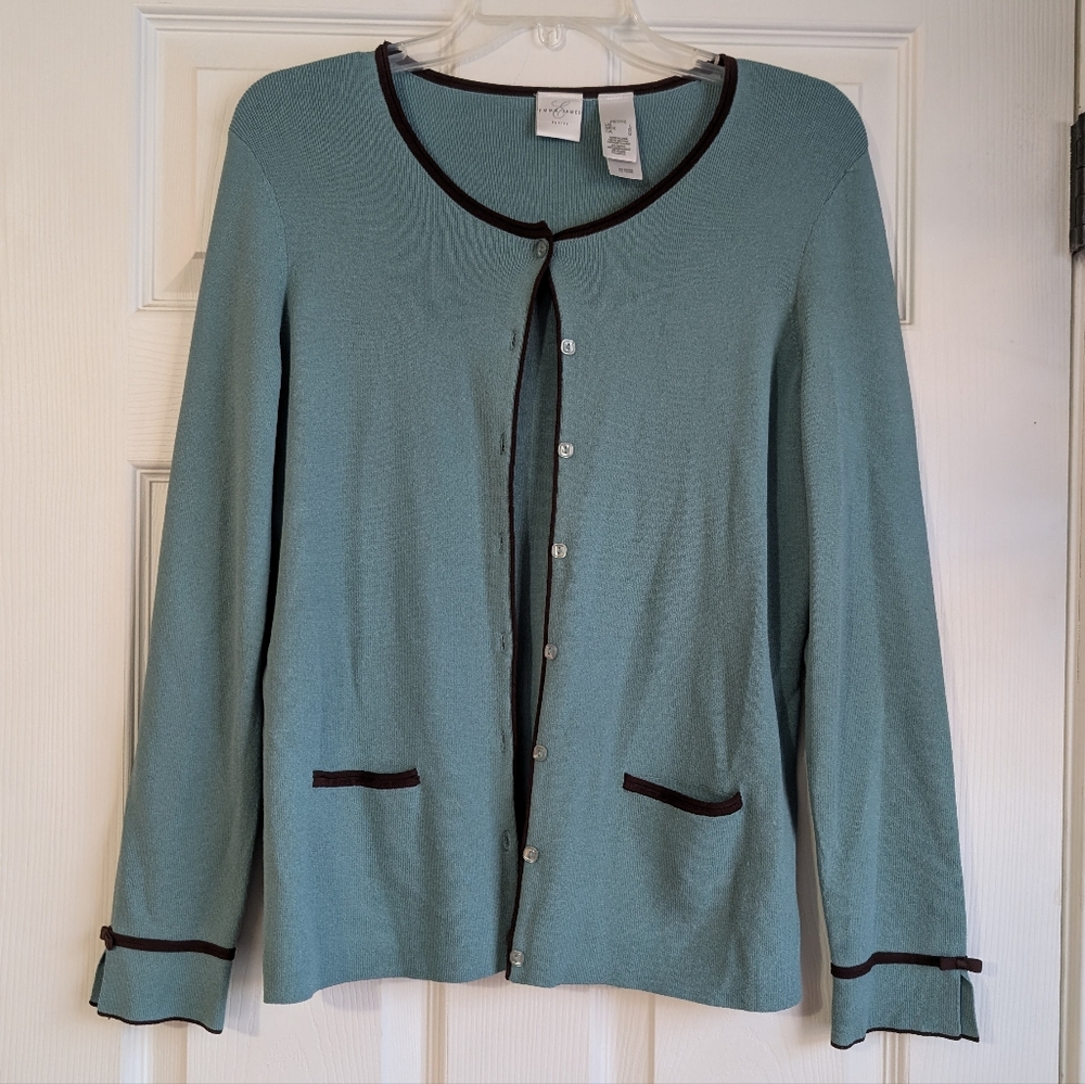 Emma James Petite Y2K Teal Cardigan with Brown Accents Size L